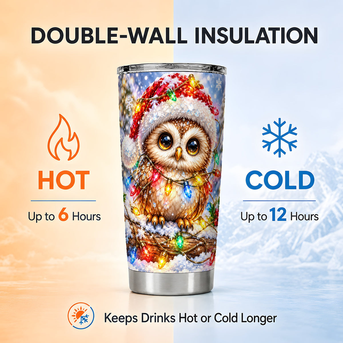#pl[20oz|Steel] Christmas Lights Owl Tumbler 20oz, Owl Tumbler, Stainless Steel Travel Cup