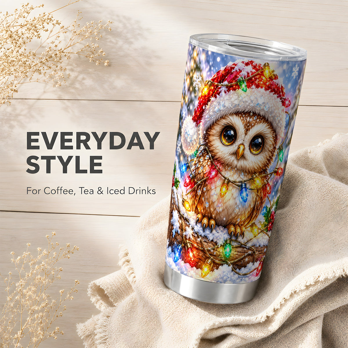 #pl[20oz|Steel] Christmas Lights Owl Tumbler 20oz, Owl Tumbler, Stainless Steel Travel Cup