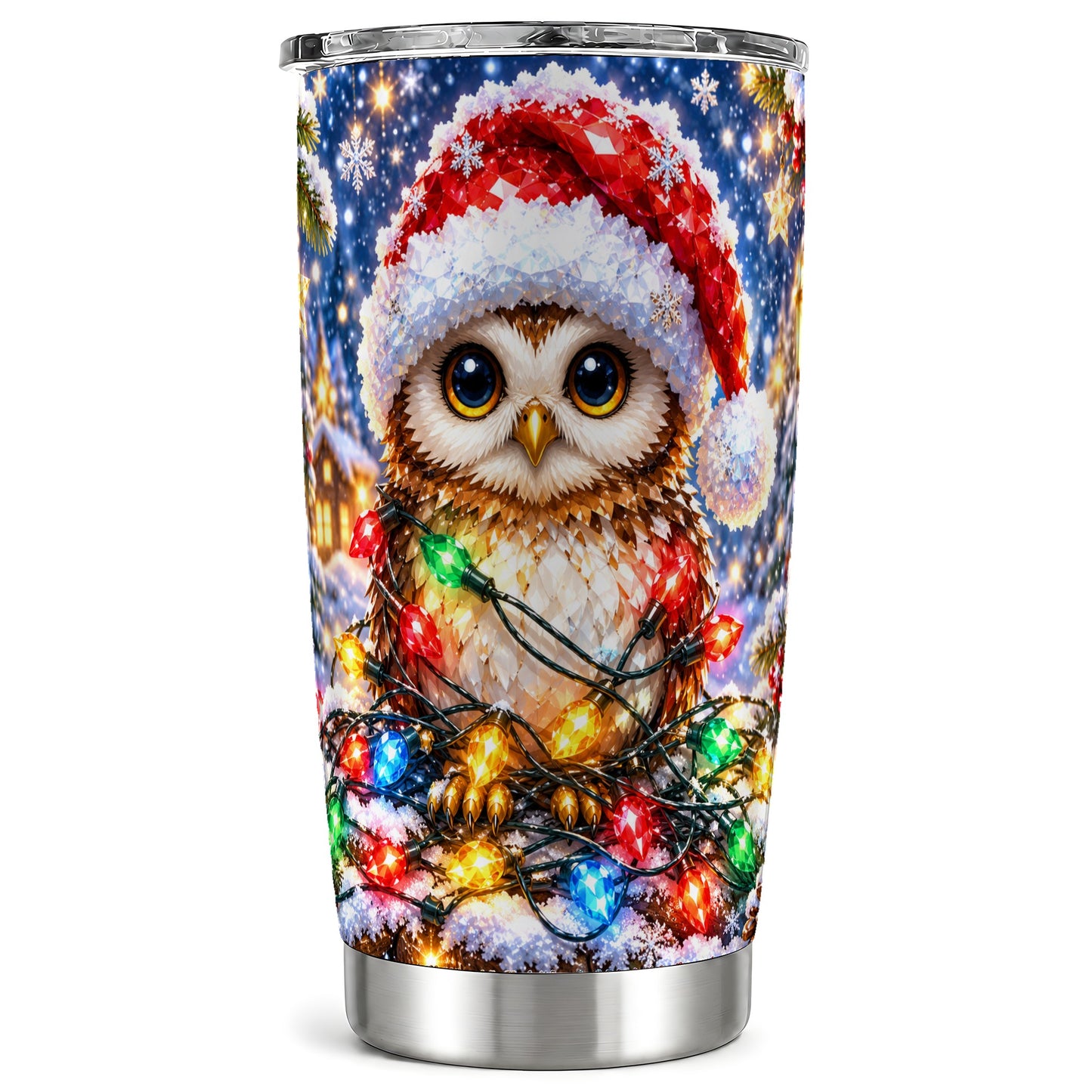 Christmas Owl Tumbler 20oz, Winter Owl Tumbler, Stainless Steel Travel Cup