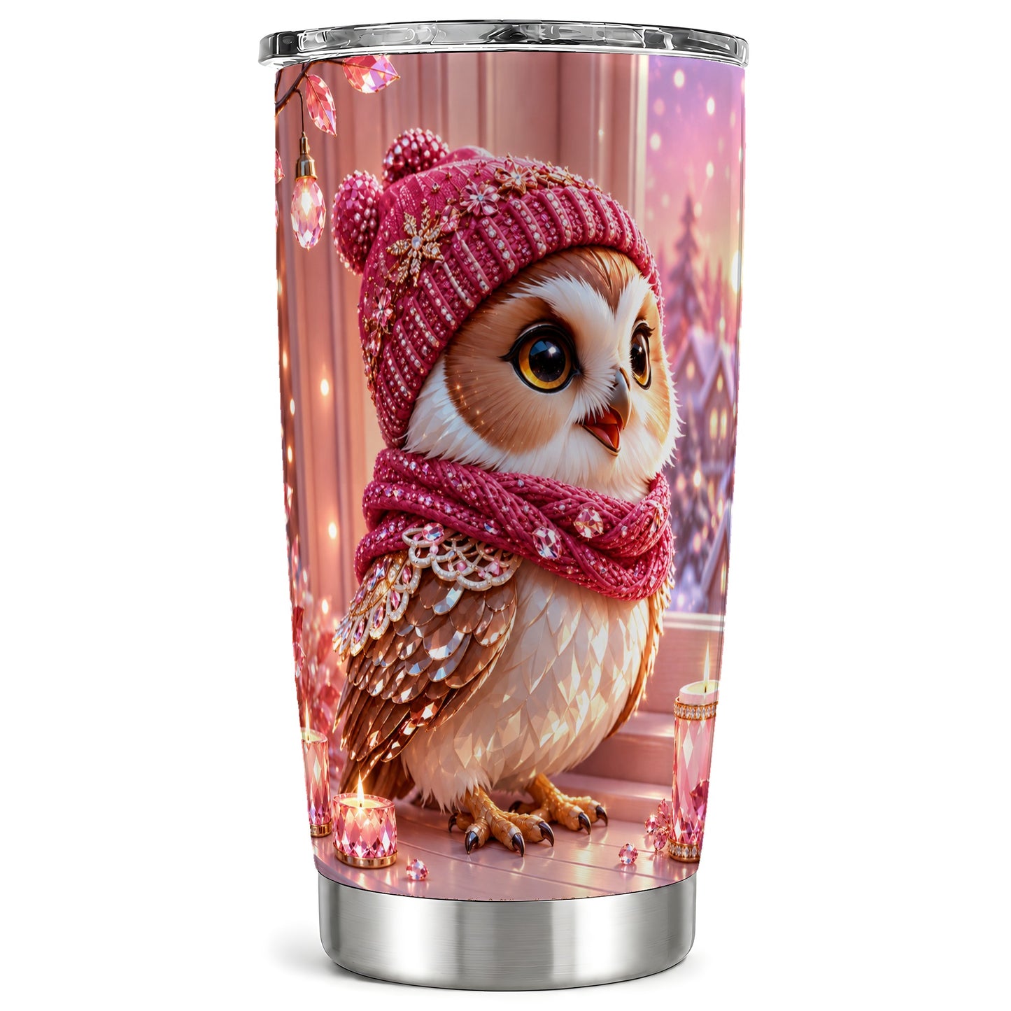Pink Winter Owl Tumbler 20oz, Cozy Owl Tumbler, Stainless Steel Travel Cup