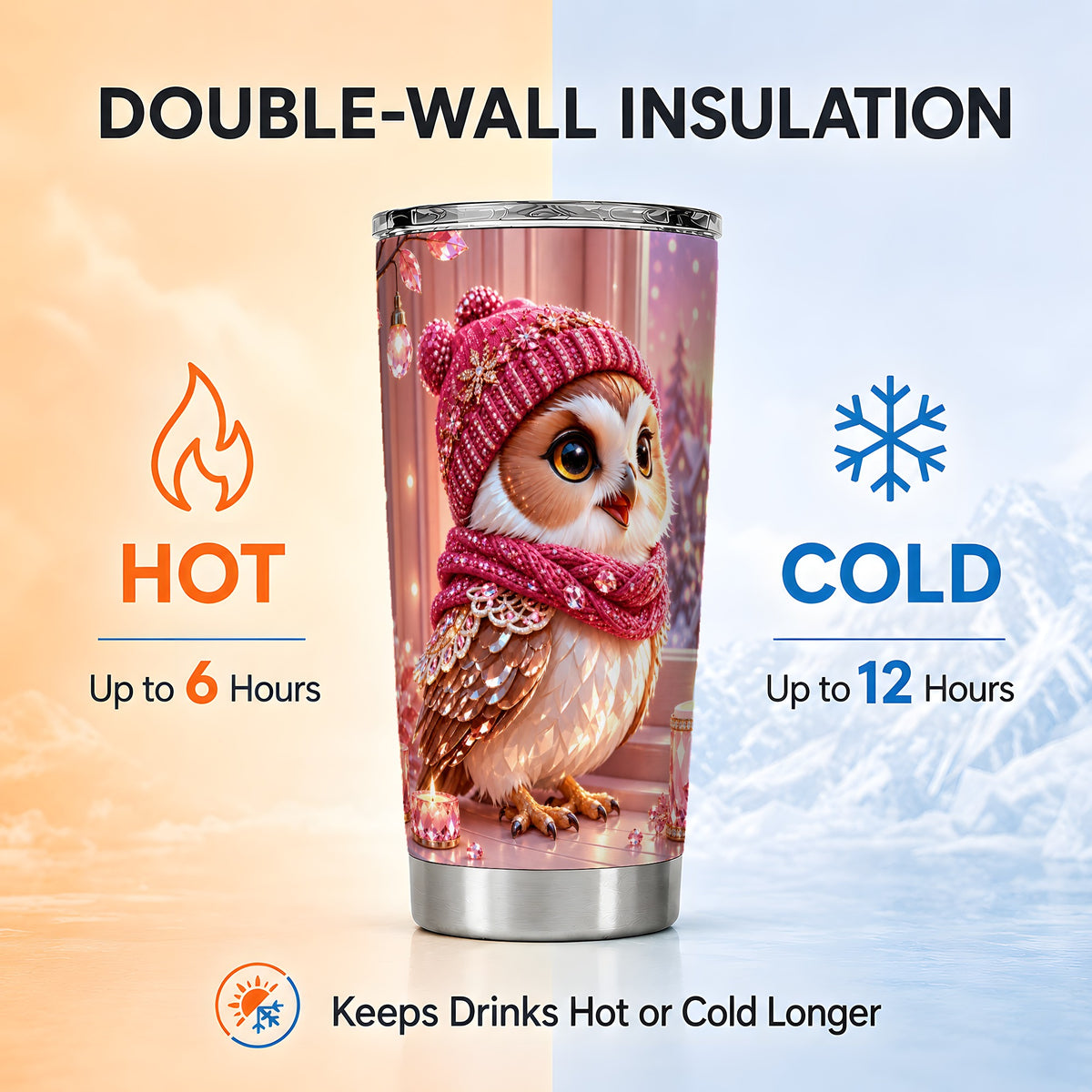 #pl[20oz|Steel] Pink Winter Owl Tumbler 20oz, Cozy Owl Tumbler, Stainless Steel Travel Cup