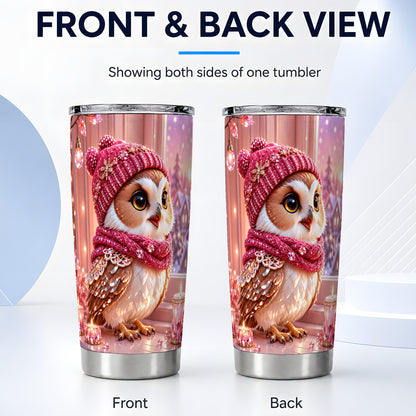 #pl[20oz|Steel] Pink Winter Owl Tumbler 20oz, Cozy Owl Tumbler, Stainless Steel Travel Cup