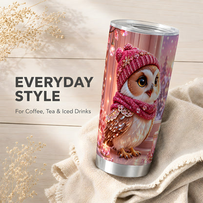 #pl[20oz|Steel] Pink Winter Owl Tumbler 20oz, Cozy Owl Tumbler, Stainless Steel Travel Cup