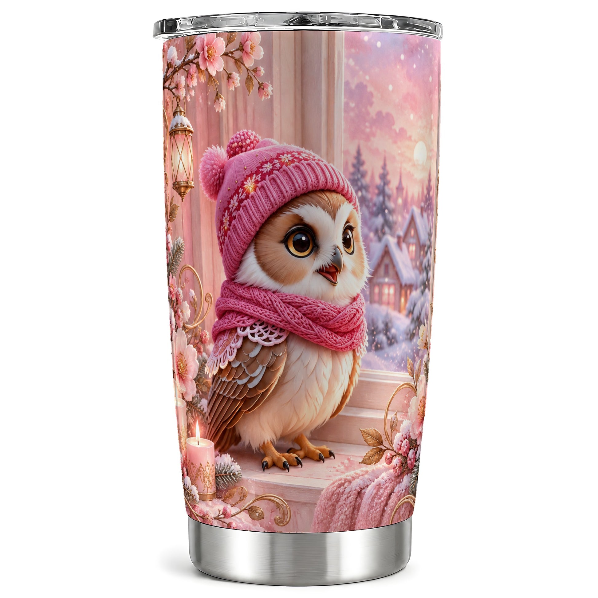 Floral Owl Tumbler 20oz, Pink Owl Tumbler, Stainless Steel Travel Cup