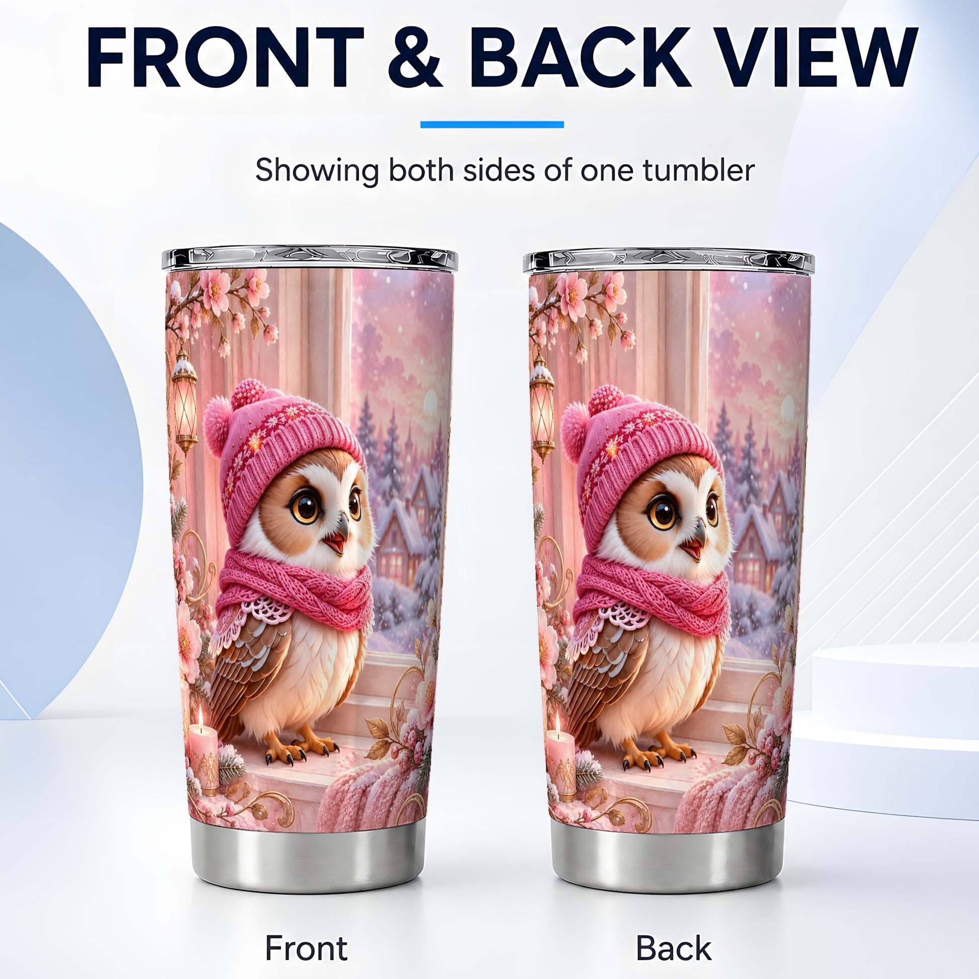 #pl[20oz|Steel] Floral Owl Tumbler 20oz, Pink Owl Tumbler, Stainless Steel Travel Cup
