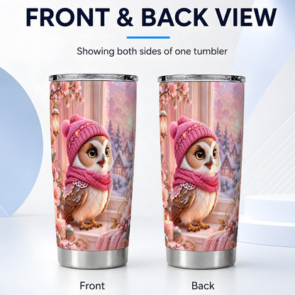 #pl[20oz|Steel] Floral Owl Tumbler 20oz, Pink Owl Tumbler, Stainless Steel Travel Cup