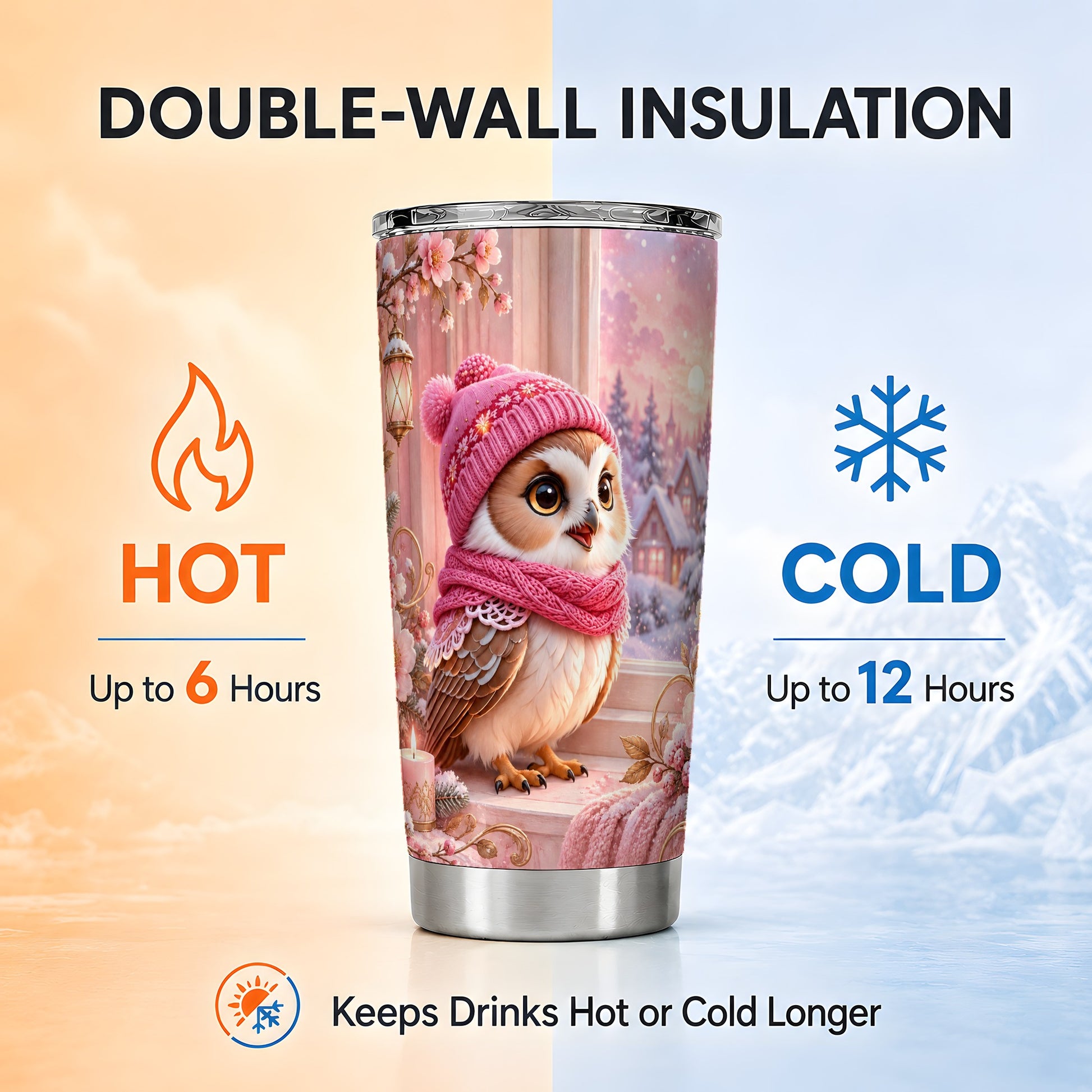 #pl[20oz|Steel] Floral Owl Tumbler 20oz, Pink Owl Tumbler, Stainless Steel Travel Cup