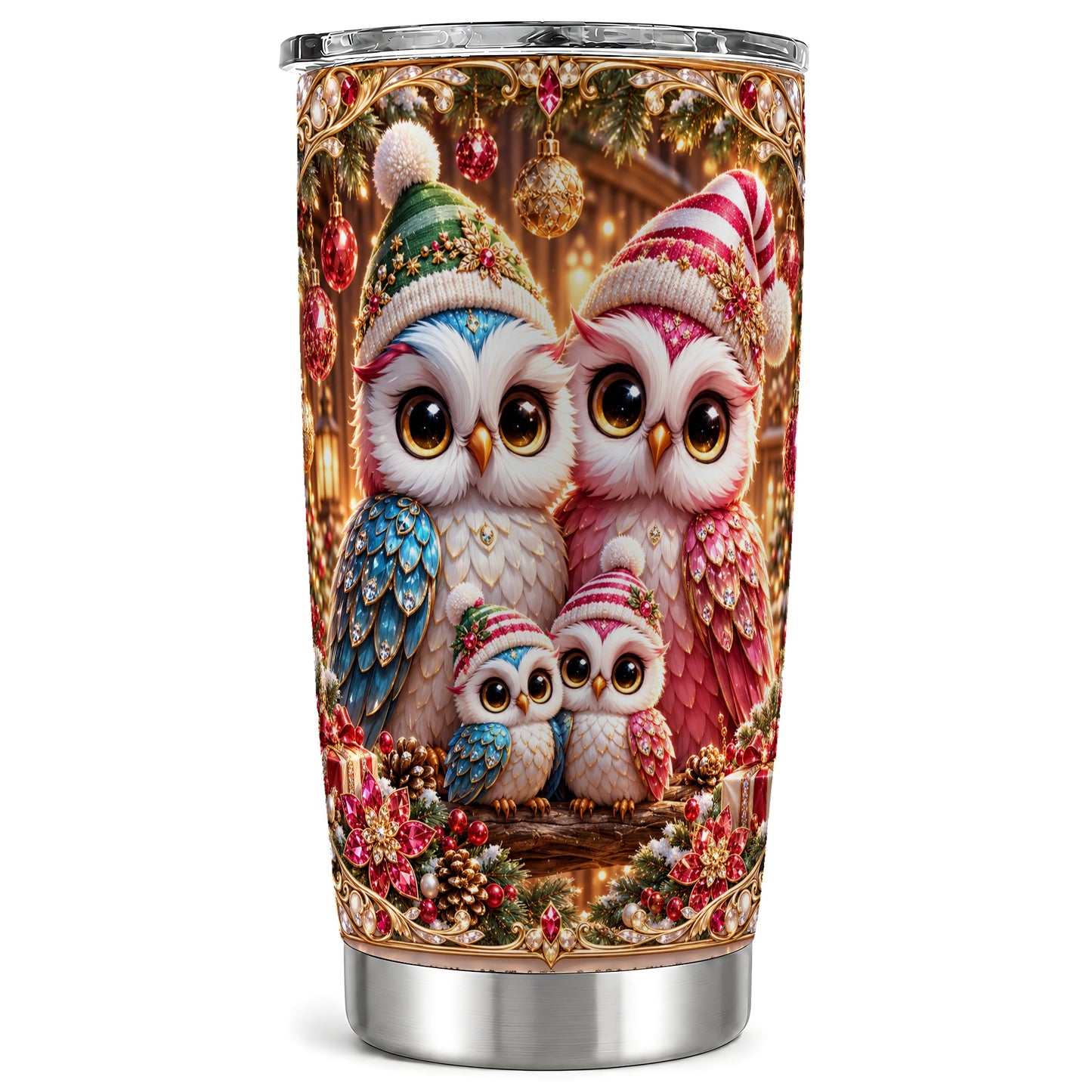 Christmas Owl Family Tumbler 20oz, Owl Tumbler, Stainless Steel Travel Cup