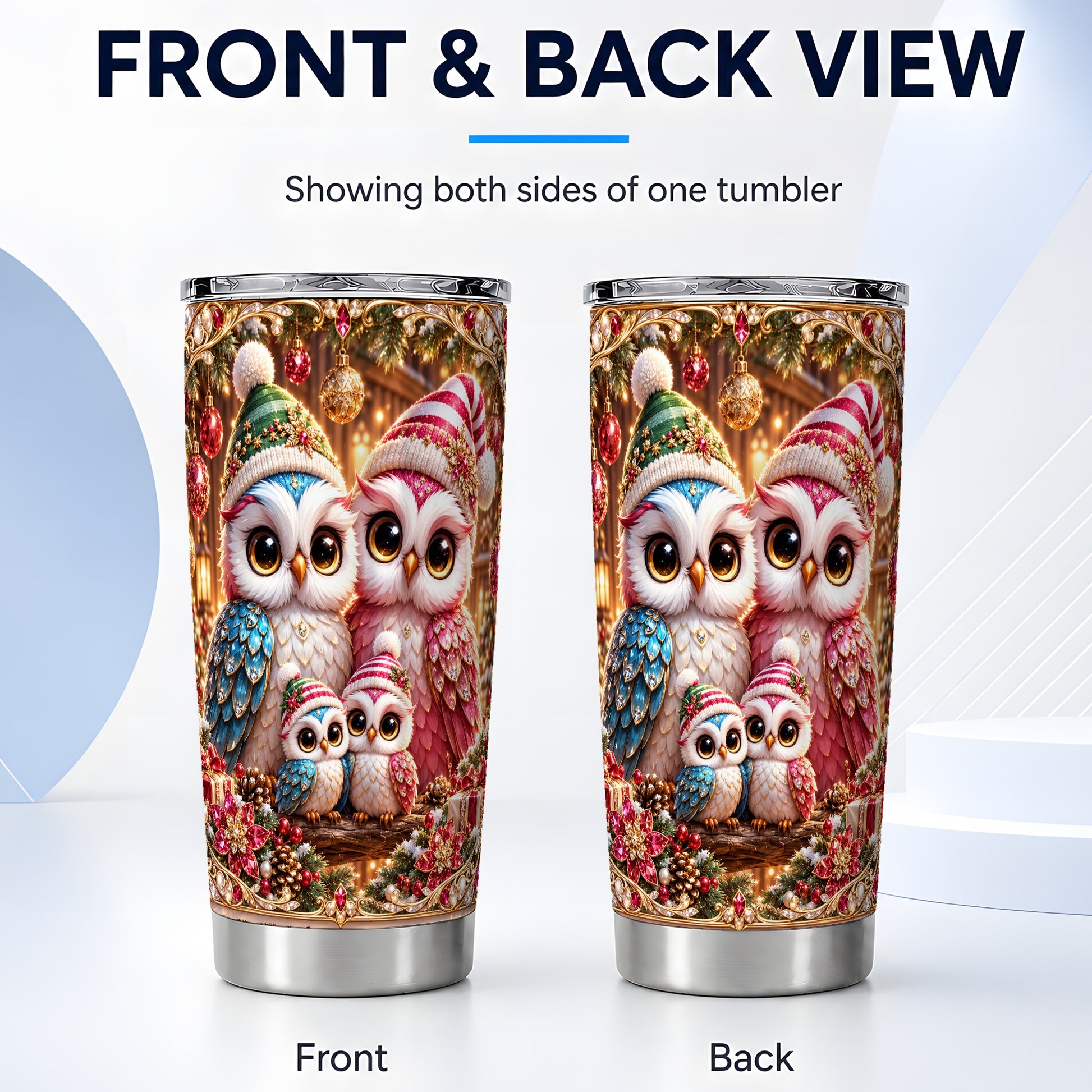 #pl[20oz|Steel] Christmas Owl Family Tumbler 20oz, Owl Tumbler, Stainless Steel Travel Cup