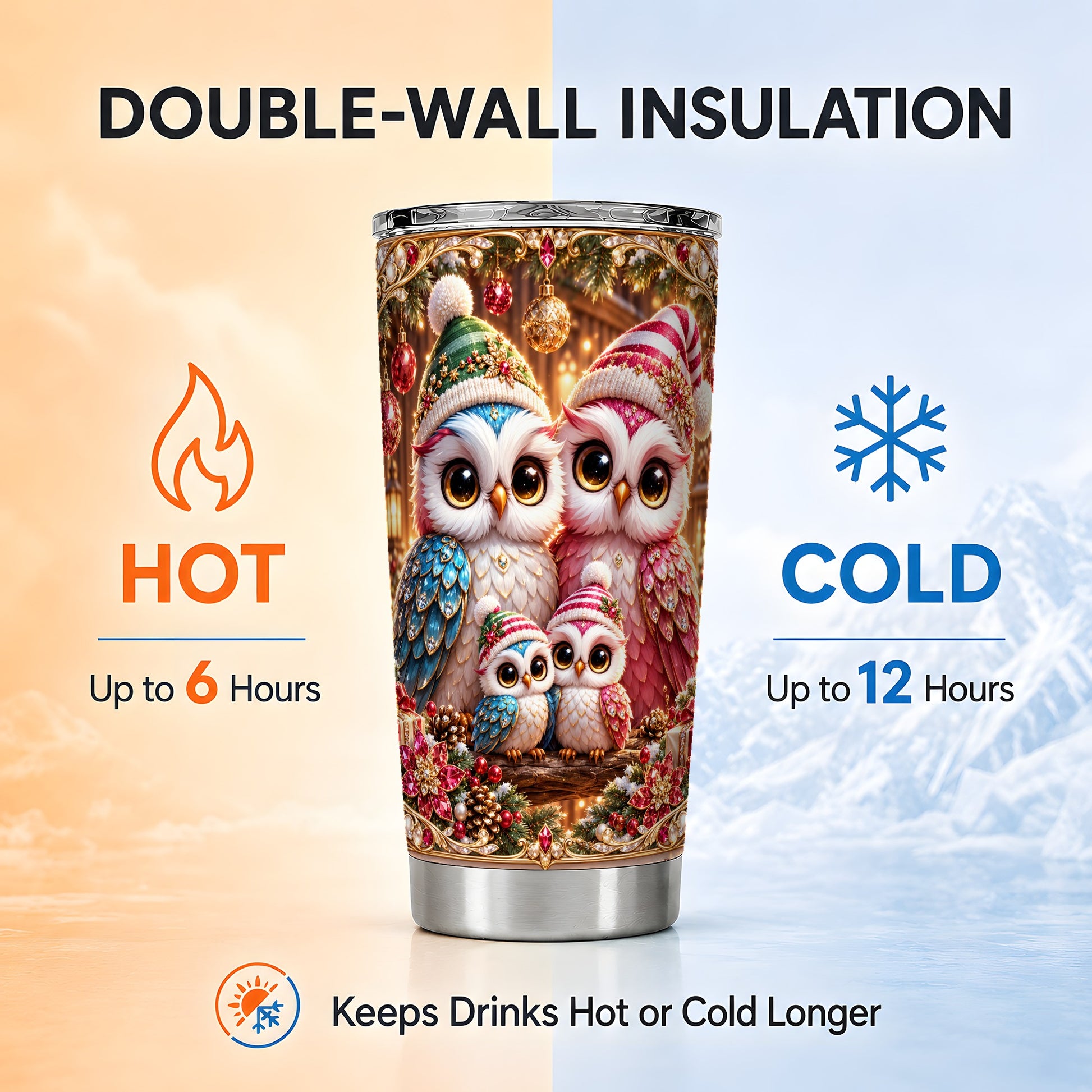 #pl[20oz|Steel] Christmas Owl Family Tumbler 20oz, Owl Tumbler, Stainless Steel Travel Cup