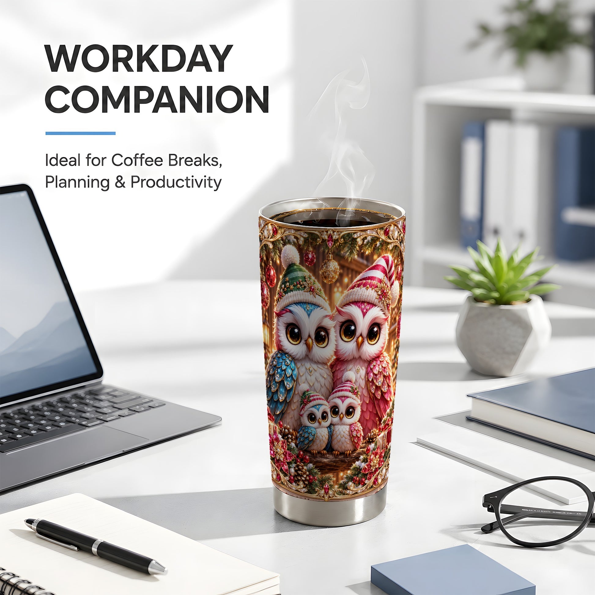 #pl[20oz|Steel] Christmas Owl Family Tumbler 20oz, Owl Tumbler, Stainless Steel Travel Cup