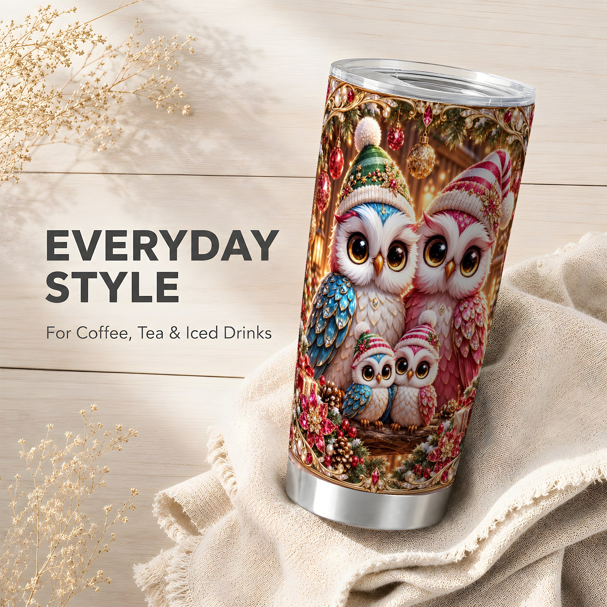 #pl[20oz|Steel] Christmas Owl Family Tumbler 20oz, Owl Tumbler, Stainless Steel Travel Cup