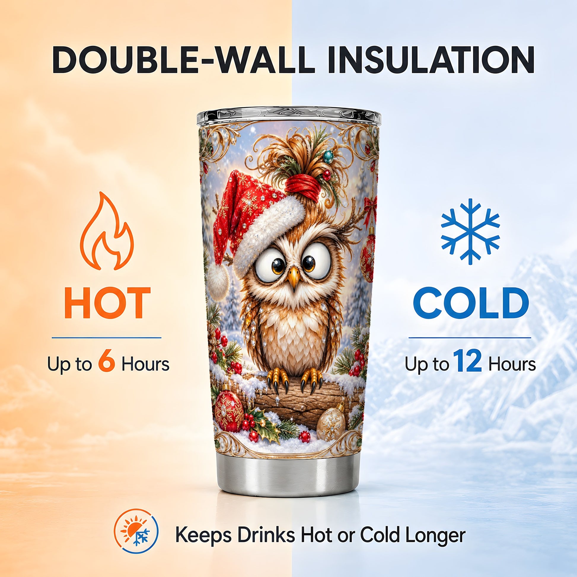 #pl[20oz|Steel] Christmas Owl Tumbler 20oz, Festive Owl Tumbler, Stainless Steel Travel Cup
