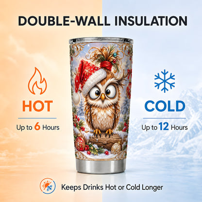 #pl[20oz|Steel] Christmas Owl Tumbler 20oz, Festive Owl Tumbler, Stainless Steel Travel Cup