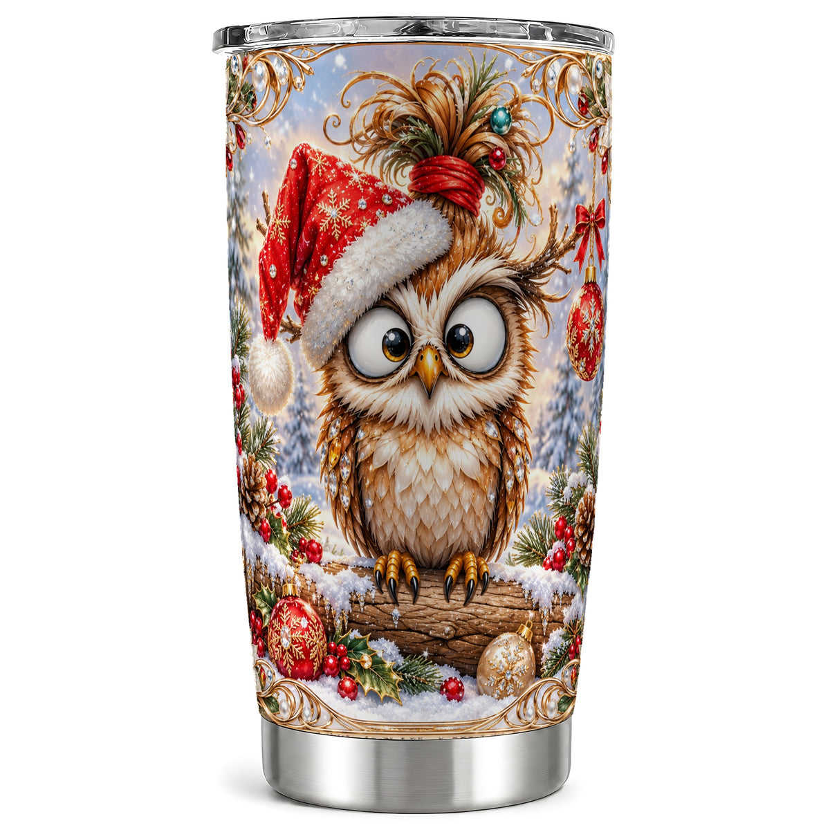 Christmas Owl Tumbler 20oz, Festive Owl Tumbler, Stainless Steel Travel Cup