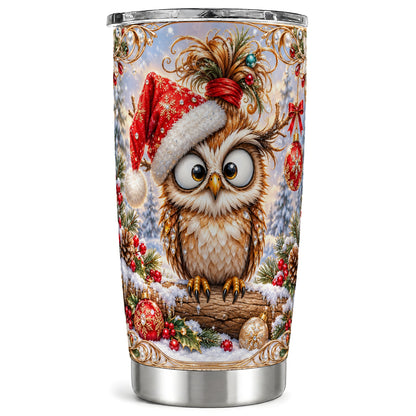 Christmas Owl Tumbler 20oz, Festive Owl Tumbler, Stainless Steel Travel Cup