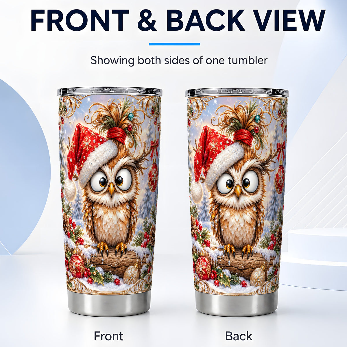 #pl[20oz|Steel] Christmas Owl Tumbler 20oz, Festive Owl Tumbler, Stainless Steel Travel Cup