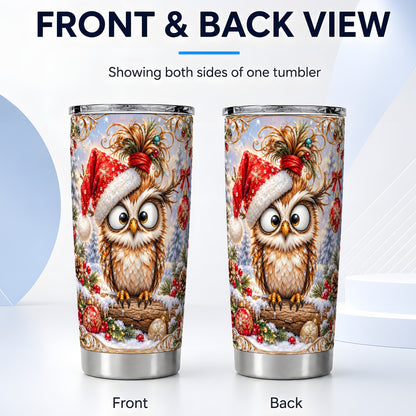 #pl[20oz|Steel] Christmas Owl Tumbler 20oz, Festive Owl Tumbler, Stainless Steel Travel Cup