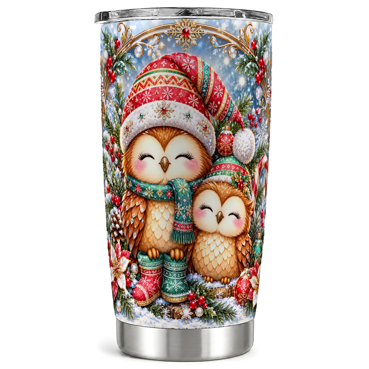Christmas Owl Pair Tumbler 20oz, Owl Tumbler, Stainless Steel Travel Cup