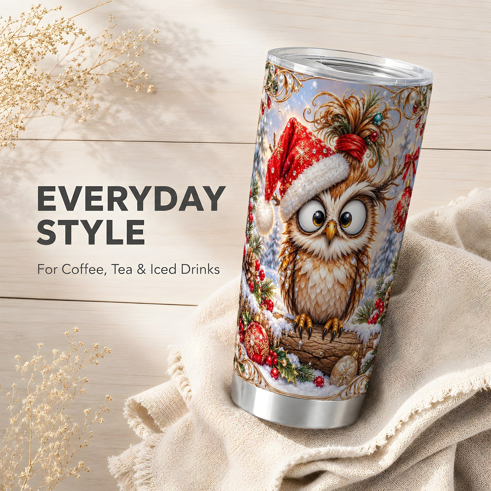 #pl[20oz|Steel] Christmas Owl Tumbler 20oz, Festive Owl Tumbler, Stainless Steel Travel Cup