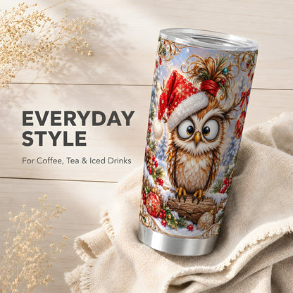 #pl[20oz|Steel] Christmas Owl Tumbler 20oz, Festive Owl Tumbler, Stainless Steel Travel Cup