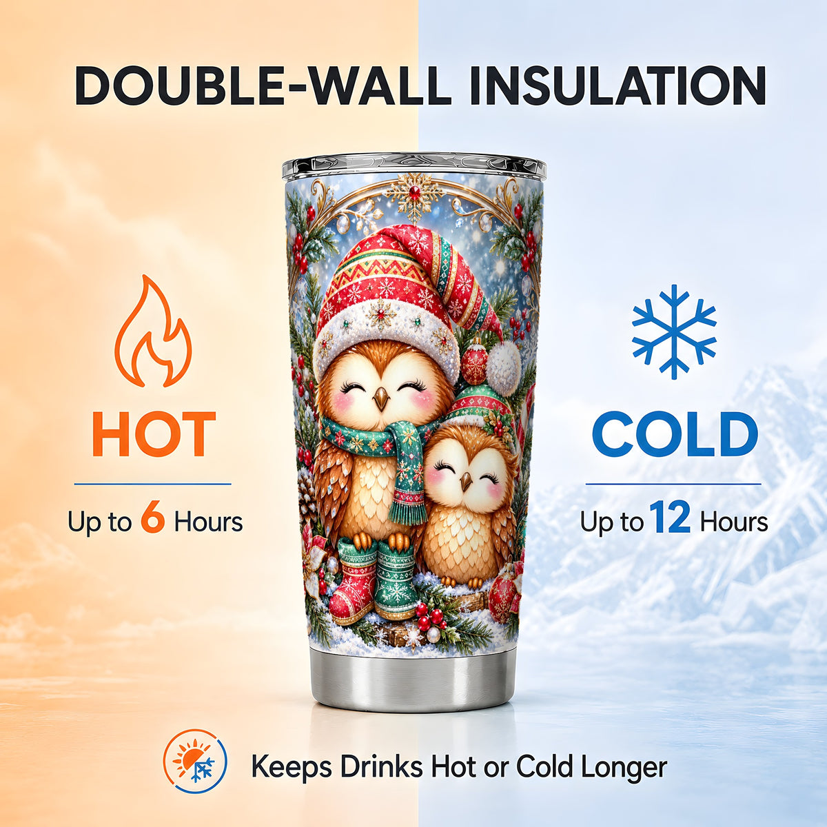 #pl[20oz|Steel] Christmas Owl Pair Tumbler 20oz, Owl Tumbler, Stainless Steel Travel Cup