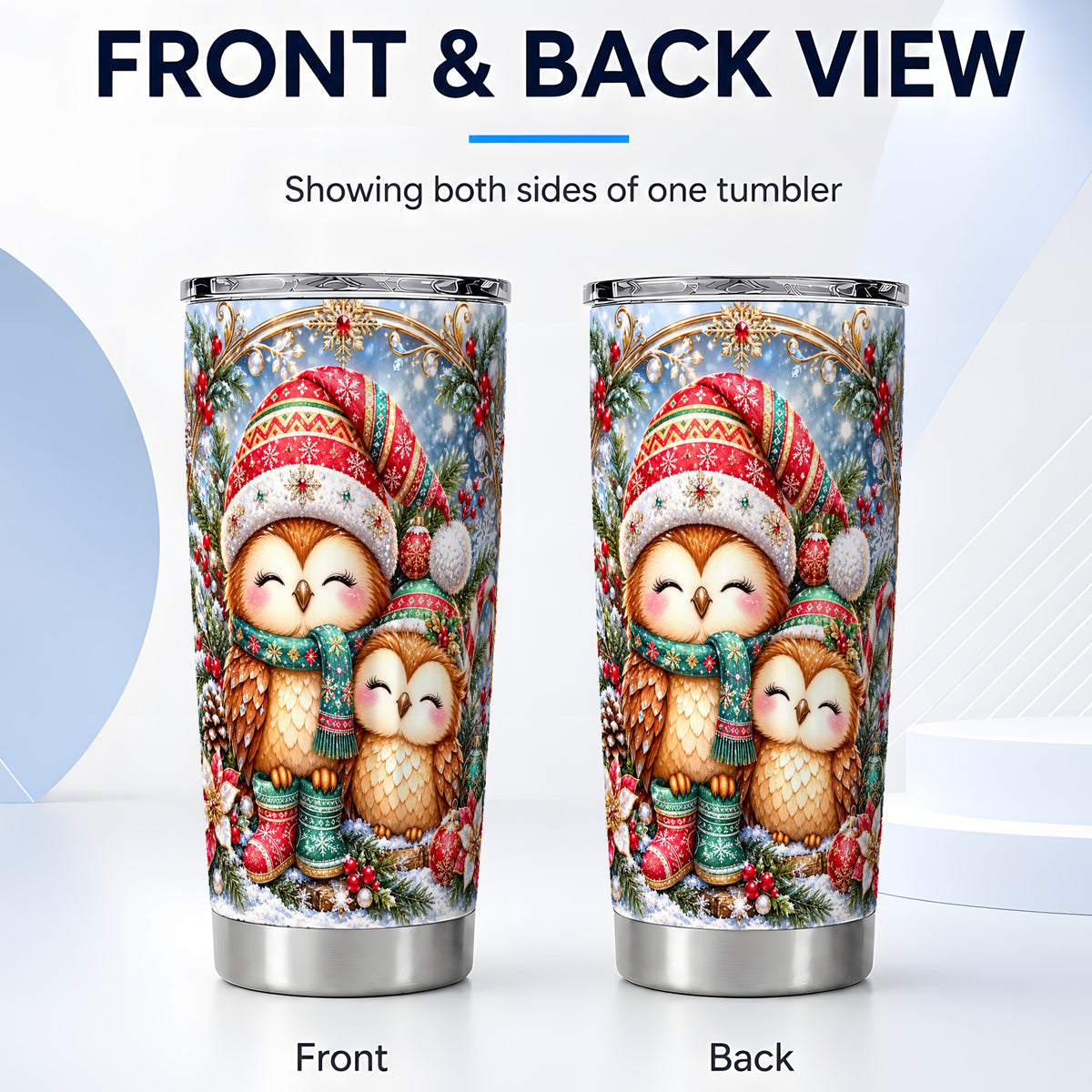 #pl[20oz|Steel] Christmas Owl Pair Tumbler 20oz, Owl Tumbler, Stainless Steel Travel Cup