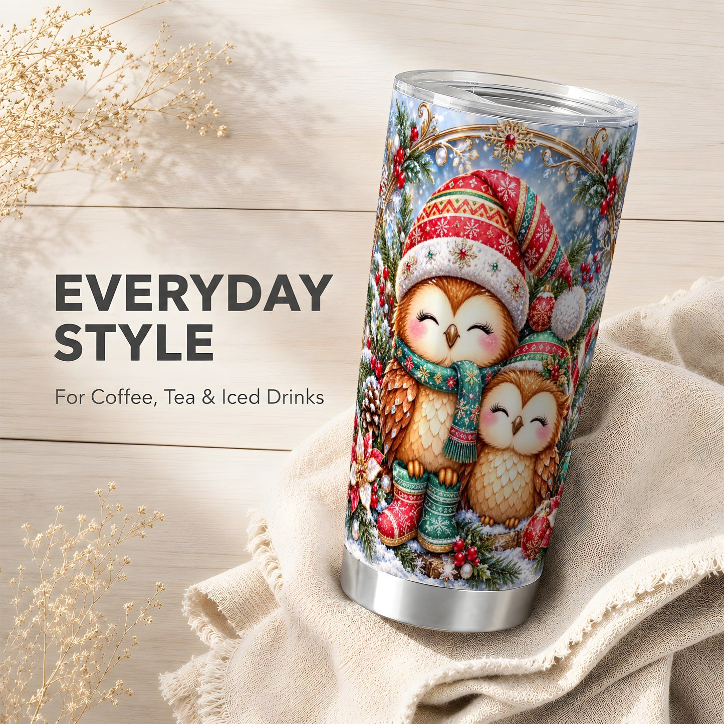 #pl[20oz|Steel] Christmas Owl Pair Tumbler 20oz, Owl Tumbler, Stainless Steel Travel Cup