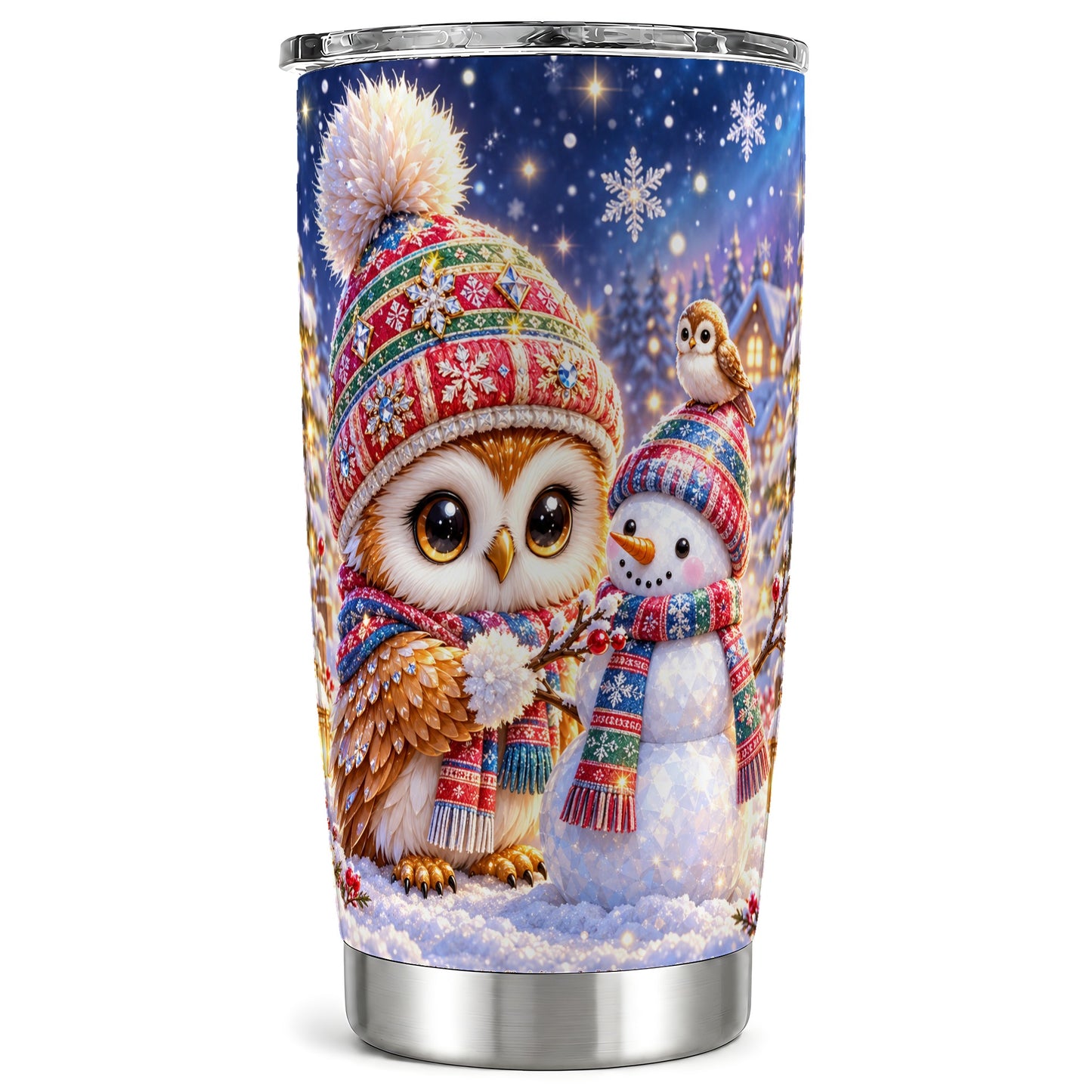 Christmas Owl Tumbler 20oz, Snowman Tumbler, Stainless Steel Travel Cup
