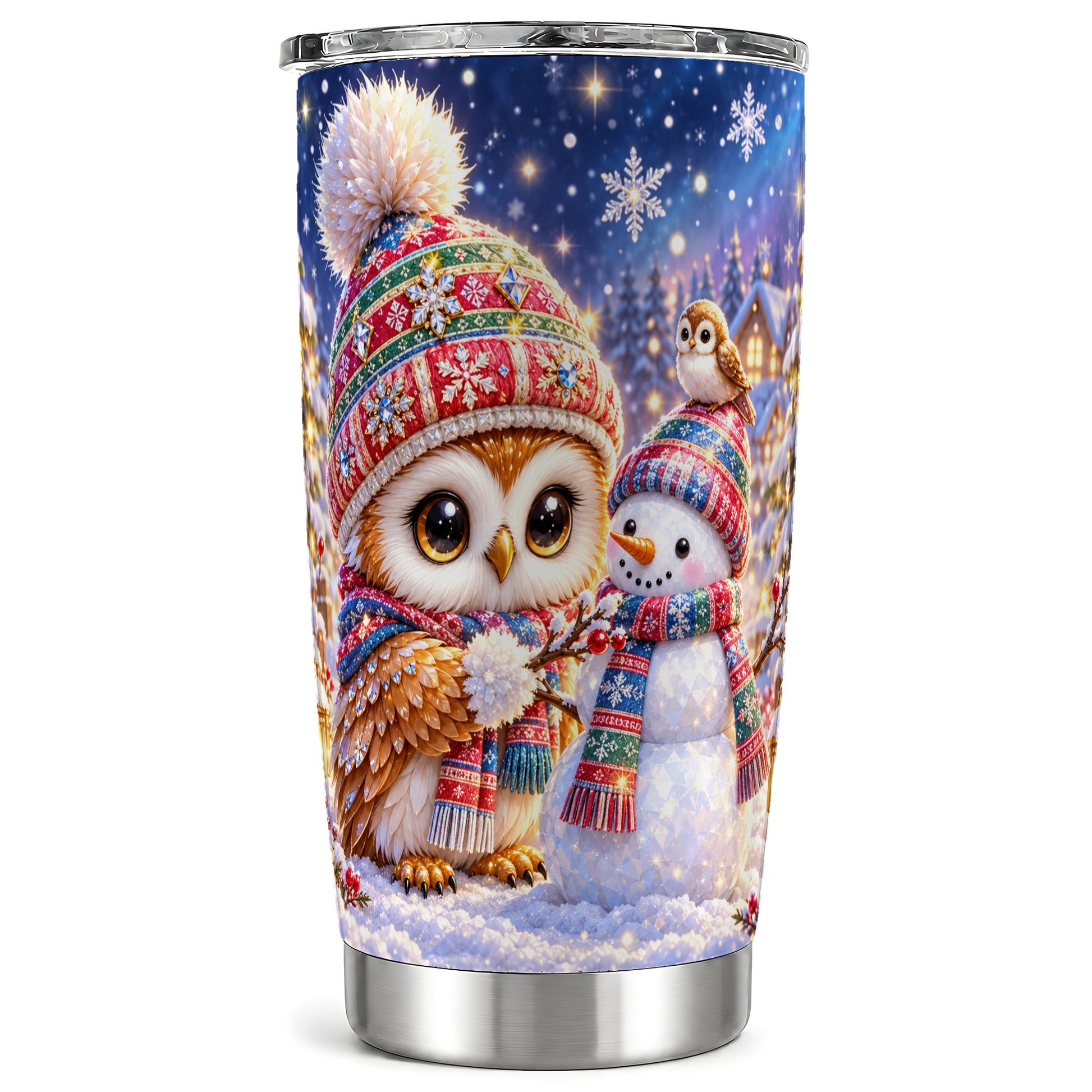 Christmas Owl Tumbler 20oz, Snowman Tumbler, Stainless Steel Travel Cup