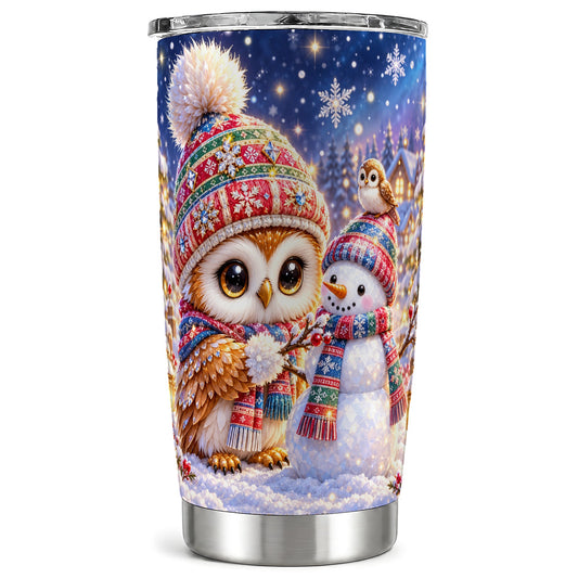 Christmas Owl Tumbler 20oz, Snowman Tumbler, Stainless Steel Travel Cup