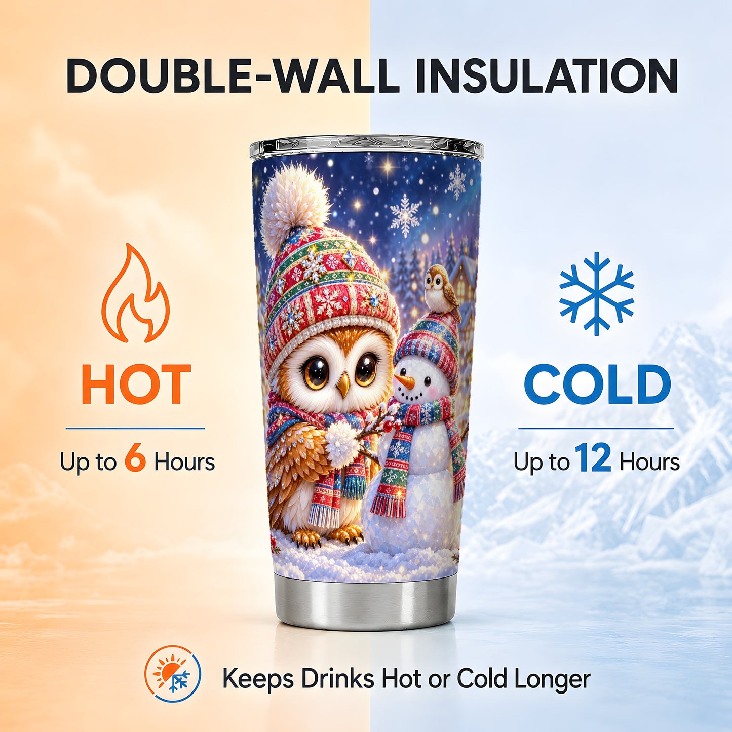 #pl[20oz|Steel] Christmas Owl Tumbler 20oz, Snowman Tumbler, Stainless Steel Travel Cup