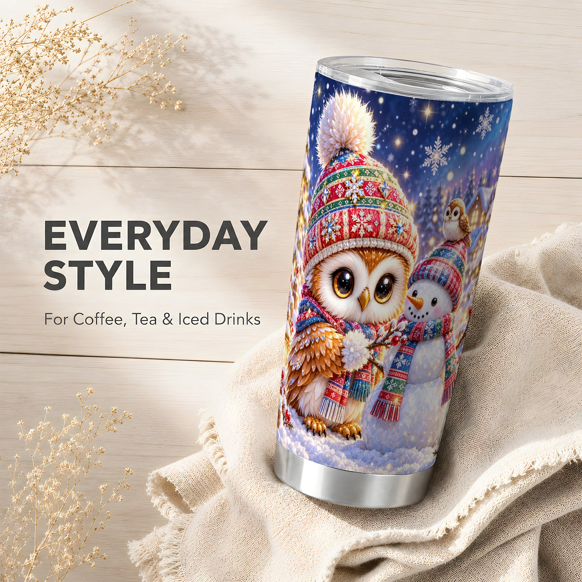 #pl[20oz|Steel] Christmas Owl Tumbler 20oz, Snowman Tumbler, Stainless Steel Travel Cup