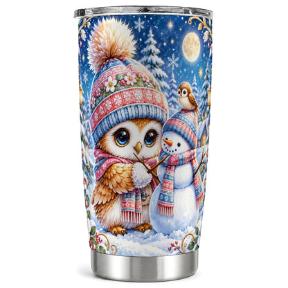 Winter Owl Snowman Tumbler 20oz, Owl Tumbler, Stainless Steel Travel Cup