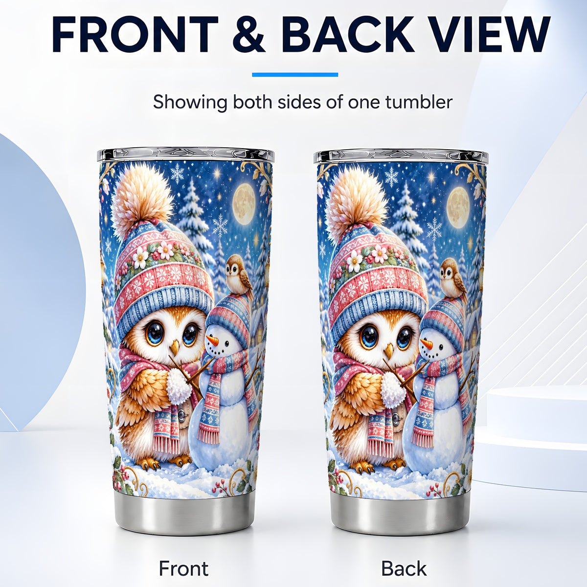 #pl[20oz|Steel] Winter Owl Snowman Tumbler 20oz, Owl Tumbler, Stainless Steel Travel Cup
