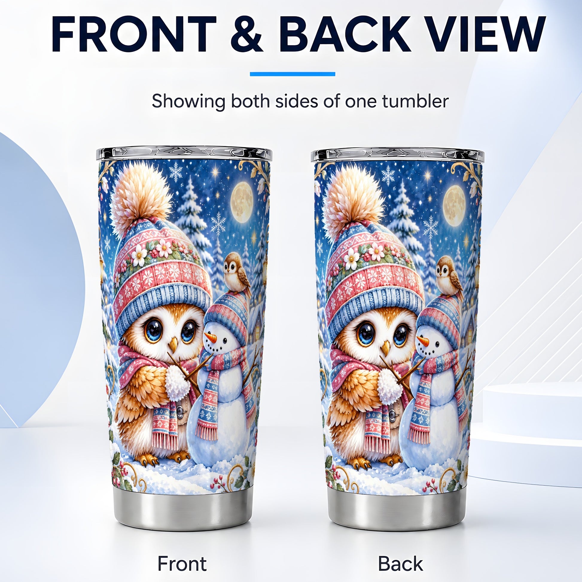 #pl[20oz|Steel] Winter Owl Snowman Tumbler 20oz, Owl Tumbler, Stainless Steel Travel Cup