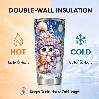 #pl[20oz|Steel] Winter Owl Snowman Tumbler 20oz, Owl Tumbler, Stainless Steel Travel Cup