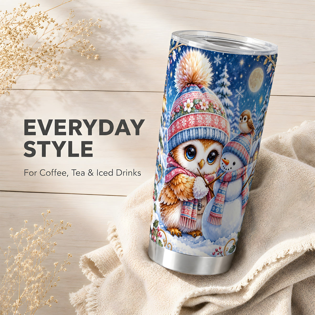 #pl[20oz|Steel] Winter Owl Snowman Tumbler 20oz, Owl Tumbler, Stainless Steel Travel Cup