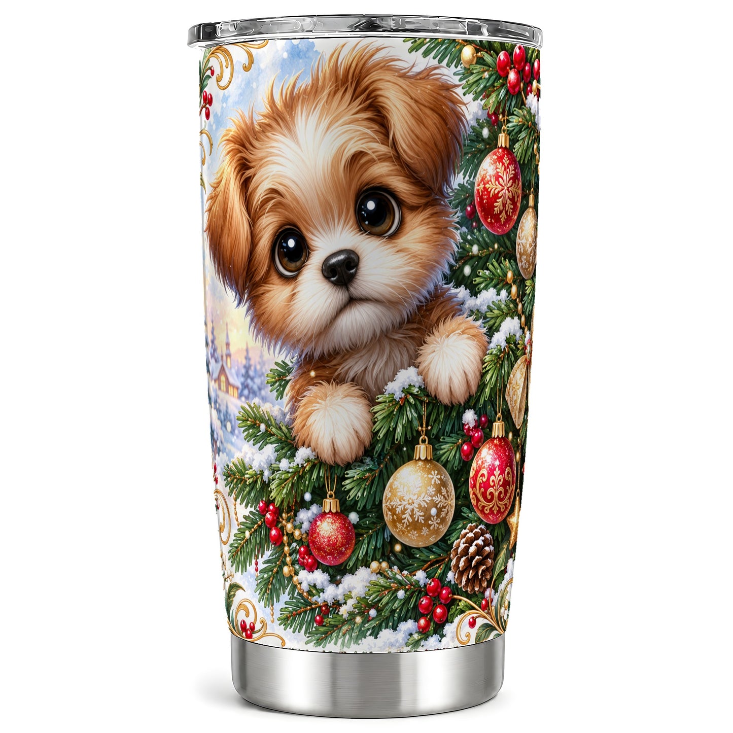Christmas Puppy Tumbler 20oz, Dog Tumbler, Stainless Steel Travel Cup