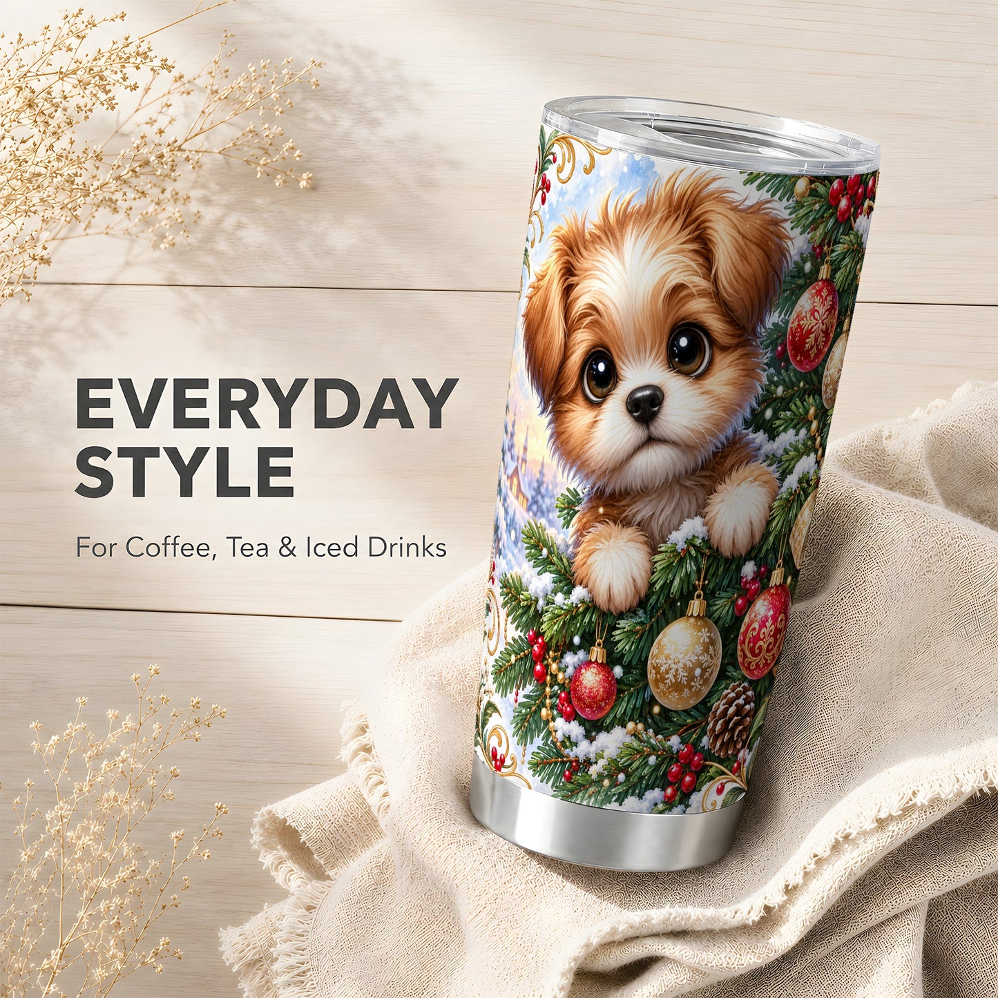 #pl[20oz|Steel] Christmas Puppy Tumbler 20oz, Dog Tumbler, Stainless Steel Travel Cup