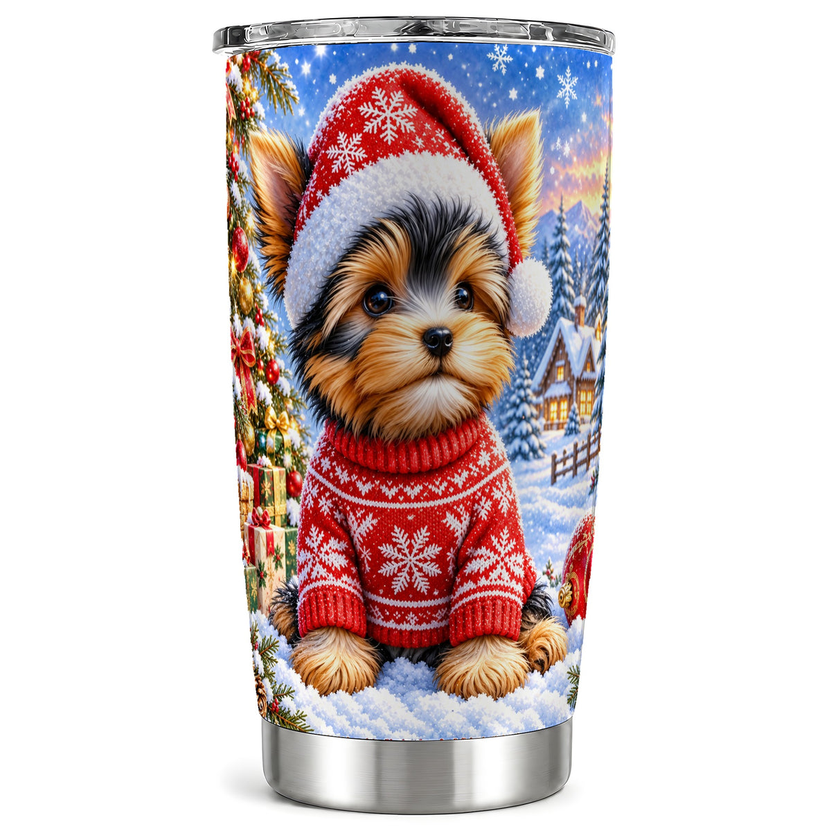 Santa Yorkie Tumbler 20oz, Dog 20oz Tumbler, Stainless Steel Travel Cup