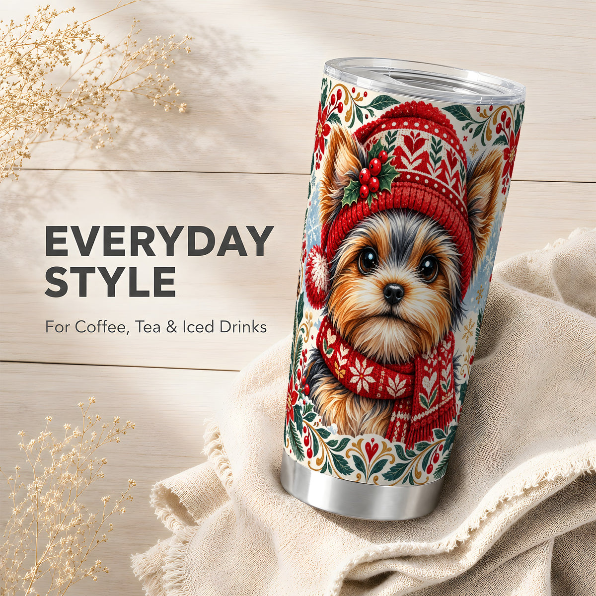 #pl[20oz|Steel] Christmas Yorkie Tumbler 20oz, Dog 20oz Tumbler, Stainless Steel Travel Cup
