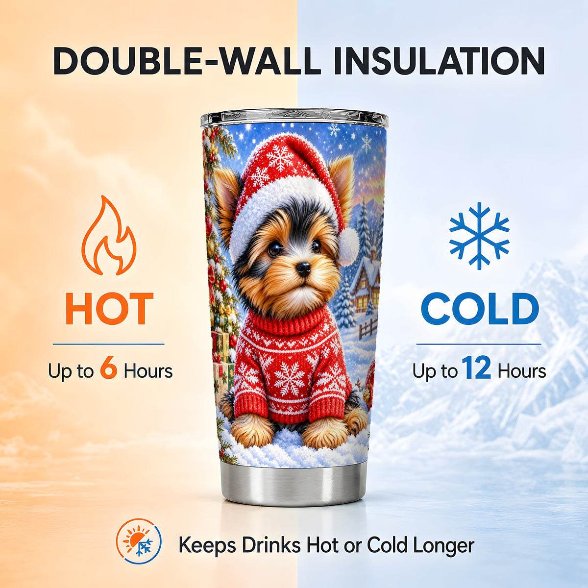 #pl[20oz|Steel] Santa Yorkie Tumbler 20oz, Dog 20oz Tumbler, Stainless Steel Travel Cup