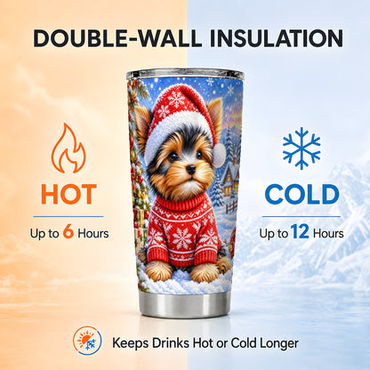 #pl[20oz|Steel] Santa Yorkie Tumbler 20oz, Dog 20oz Tumbler, Stainless Steel Travel Cup