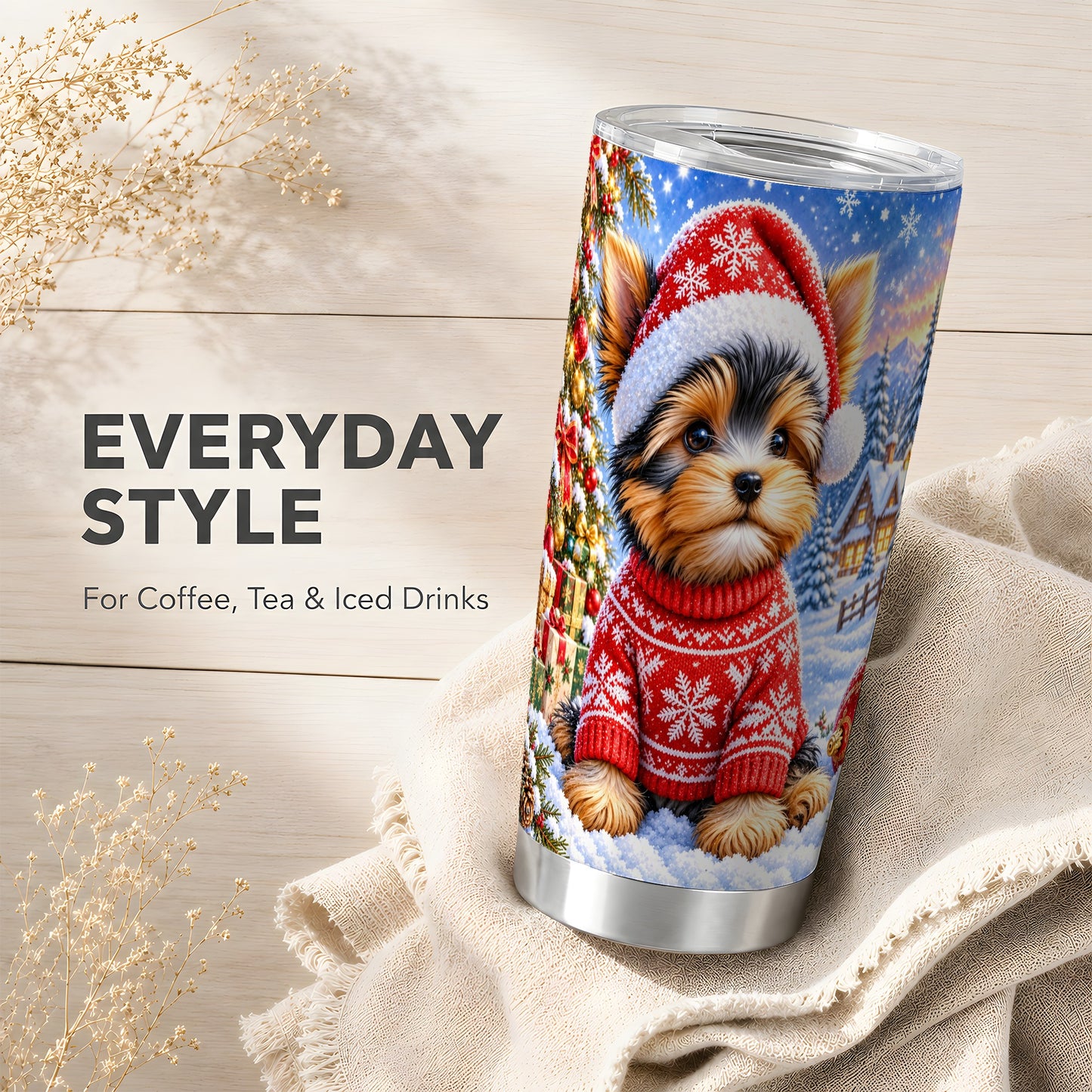 #pl[20oz|Steel] Santa Yorkie Tumbler 20oz, Dog 20oz Tumbler, Stainless Steel Travel Cup