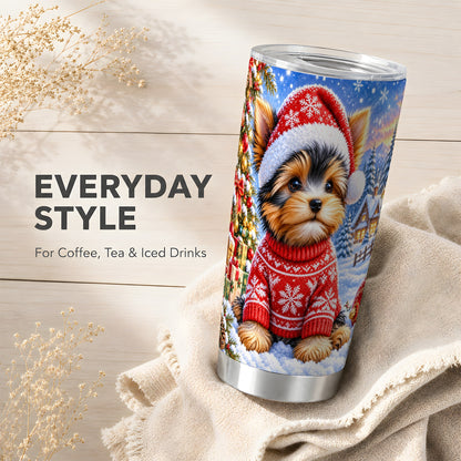#pl[20oz|Steel] Santa Yorkie Tumbler 20oz, Dog 20oz Tumbler, Stainless Steel Travel Cup