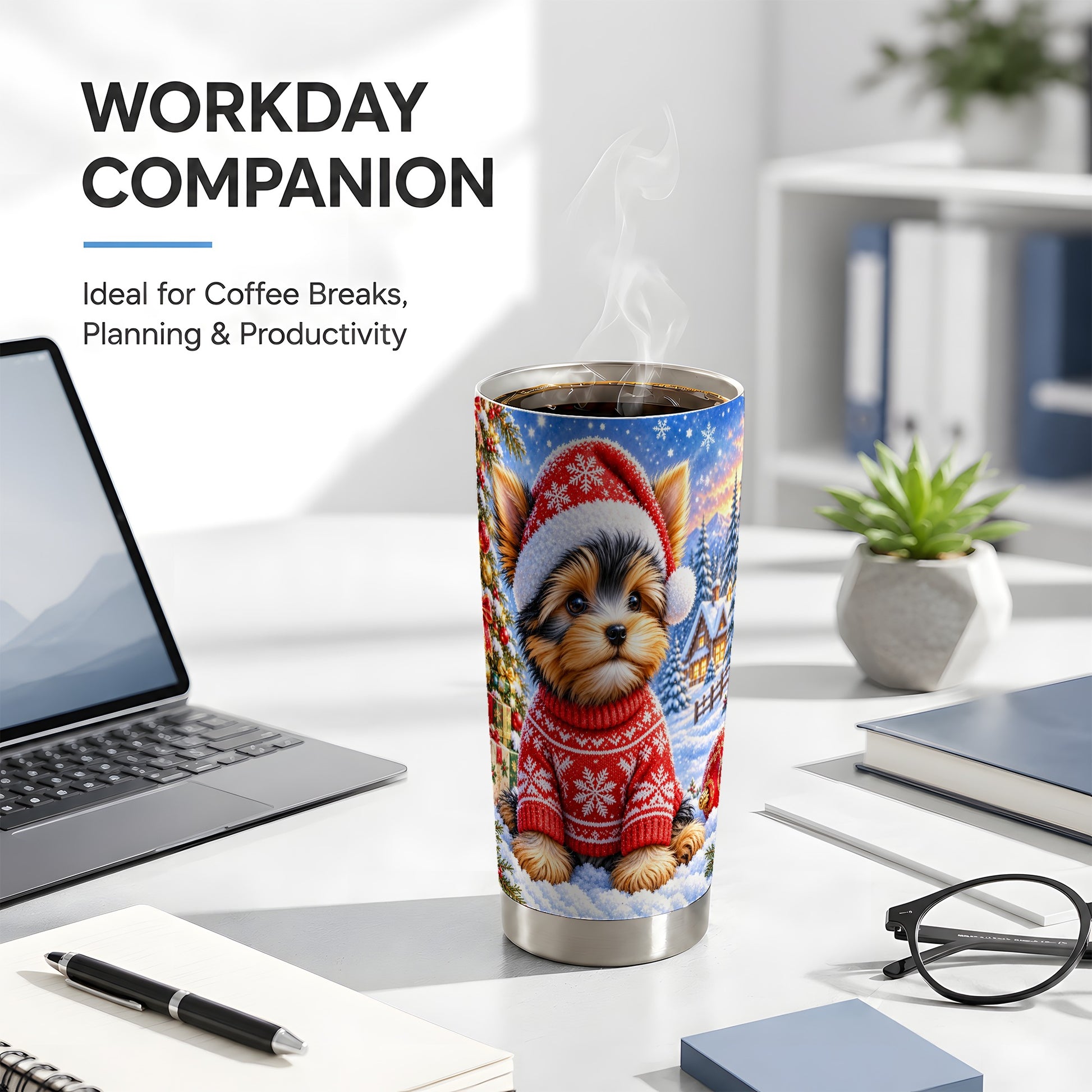 #pl[20oz|Steel] Santa Yorkie Tumbler 20oz, Dog 20oz Tumbler, Stainless Steel Travel Cup