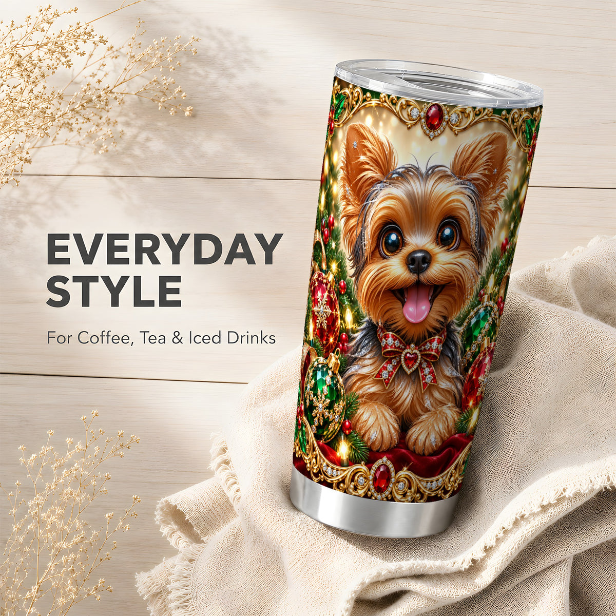 #pl[20oz|Steel] Jeweled Yorkie Tumbler 20oz, Dog 20oz Tumbler, Stainless Steel Travel Cup