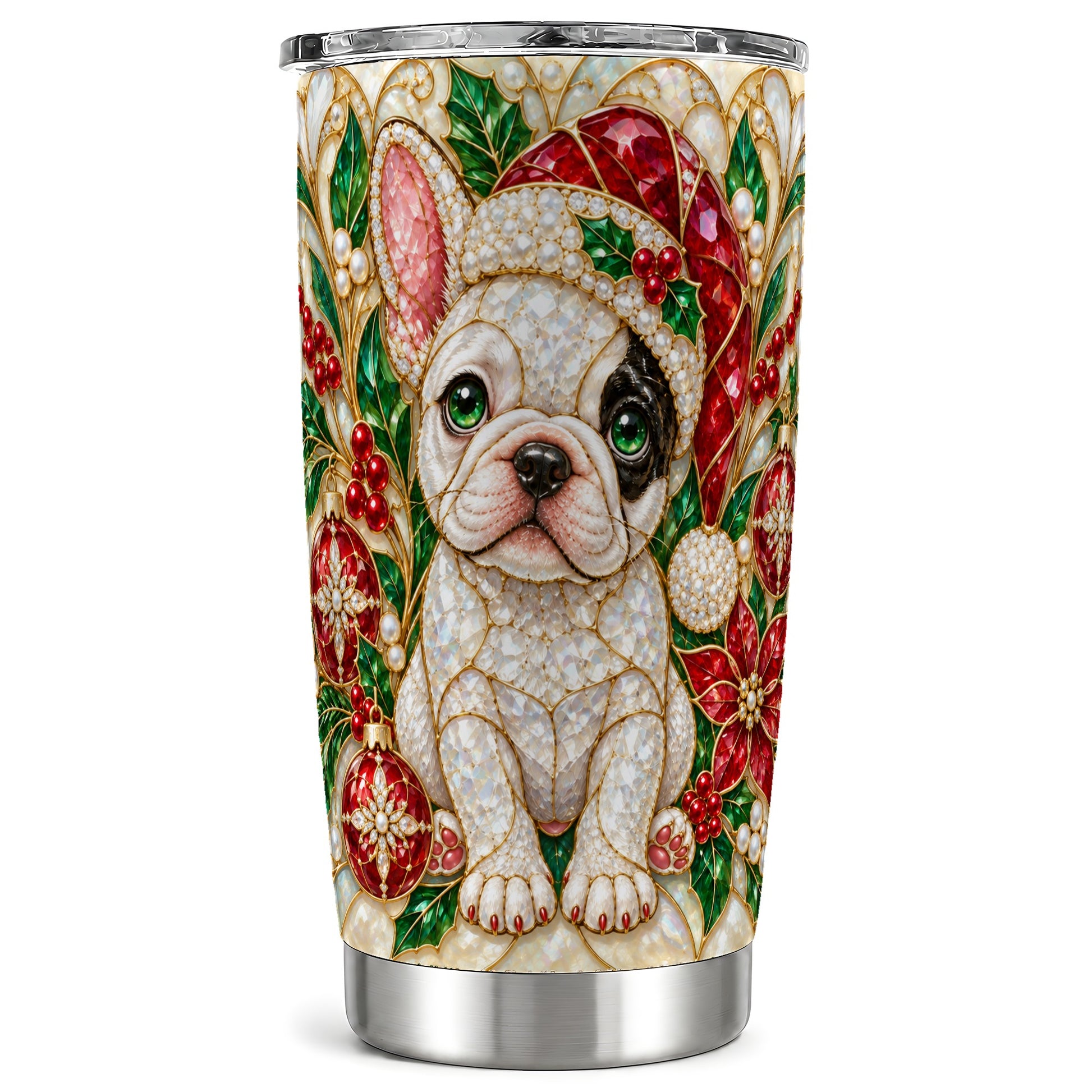 Frenchie Christmas Tumbler 20oz, Dog Tumbler, Stainless Steel Travel Cup
