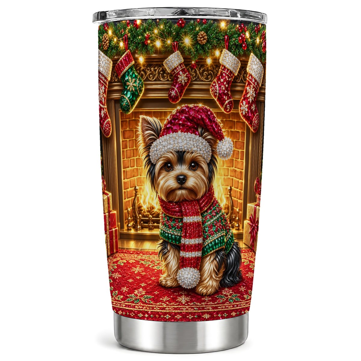 Yorkie Fireplace Tumbler 20oz, Dog Tumbler, Stainless Steel Travel Cup
